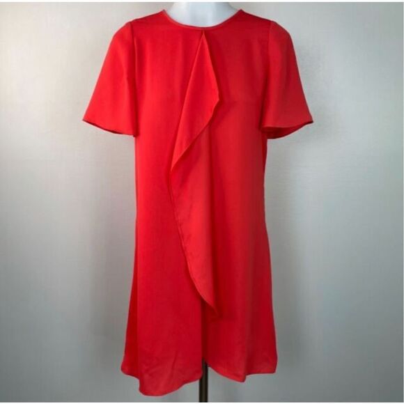 BCBGMaxazria Shift Dress Poppy Orange Cascading Ruffle Short Sleeve Size M - Picture 1 of 9